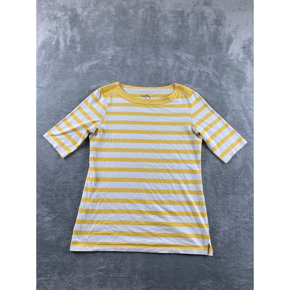 Coral Bay Womens‎ Yellow White Striped Boat Neck Elbow Sleeve Knit Top Small